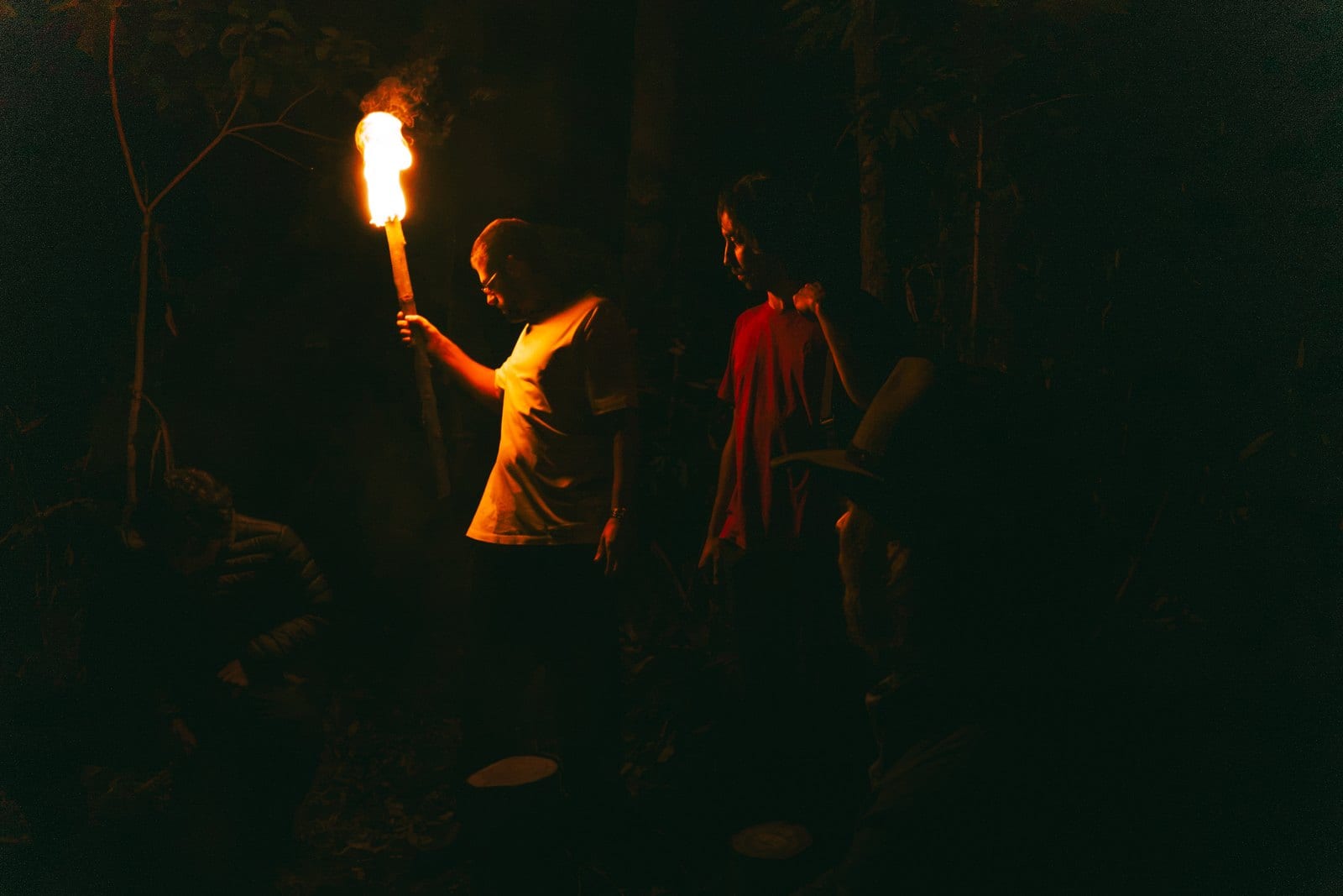 Os homens caminhando no mato à noite com as tochas acesas.